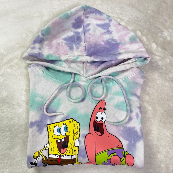 Sponge Bob Square Pants Nickelodeon (FUN) Tie Dye Cropped Top Pullover Hoodie - Picture 8 of 8